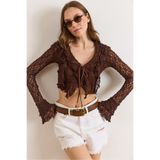 Olalook Kadın Kahverengi Bağlama Detaylı Boho Dantel Bluz BLZ-19003228