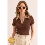 Olalook Kadın Kahverengi Bej Polo Yaka Renk Detaylı Esnek Pamuk Bluz BLZ-19002920