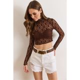 Olalook Kadın Kahverengi Dik Yaka Bel Üstü Crop Dantel Bluz BLZ-19003229