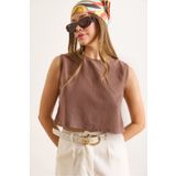 Olalook Kadın Kahverengi Flam Keten Crop Bluz BLZ-19002925