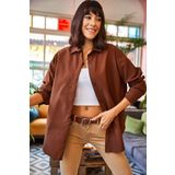 Olalook Kadın Kahverengi Gizli Patlı Poplin Gömlek GML-19000867