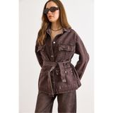 Olalook Kadın Kahverengi Kuşaklı 4 Cepli Denim Ceket CKT-19000503