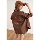 Olalook Kadın Kahverengi Omuz ve Sırt Nakış Detaylı Pamuk Gabardin Ceket CKT-19000430