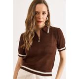 Olalook Kadın Kahverengi Polo Yaka Fermuarlı Ajurlu Crop Triko Bluz BLZ-19003320