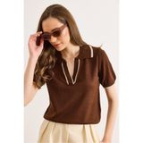 Olalook Kadın Kahverengi Polo Yaka Renk Şeritli İnce Triko Bluz BLZ-19003322