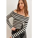 Olalook Kadın Kalın Çizgili Siyah Madonna Yaka Soft Touch Esnek Bluz BLZ-19002769