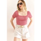 Olalook Kadın Kırmızı Çizgili Çizgili Crop Örme Bluz BLZ-19002993