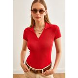 Olalook Kadın Kırmızı Polo Yaka Örme Bluz BLZ-19002563