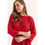 Olalook Kadın Kırmızı Yaprak Desenli Yarasa Pamuk Triko Bluz BLZ-19002493