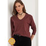Olalook Kadın Koyu Gül Kurusu V Yaka Yün Viskon Dökümlü Bluz BLZ-19002729