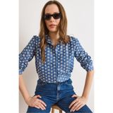 Olalook Kadın Koyu Mavi Minik Çiçekli Nakışlı Denim Görünümlü Gömlek GML-19001411