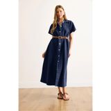 Olalook Kadın Koyu Mavi Yarasa Kol Düğmeli Kemerli Maksi Denim Elbise ELB-19002477
