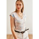 Olalook Kadın Krema Pudra V Yaka Yumuşak Dokulu Esnek Viskon Crop Bluz BLZ-19002680