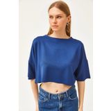 Olalook Kadın Lacivert Modal Tuşeli Yumuşak Dokulu Crop Bluz BLZ-19002531