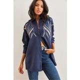 Olalook Kadın Lacivert Pul Payetli Yün Efektli Oversize Kışlık Gömlek GML-19001157