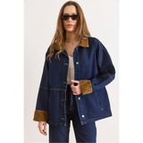 Olalook Kadın Lacivert Yaka Manşet Kadife Detaylı Oversize Denim Ceket CKT-19000502