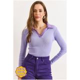 Olalook Kadın Lila Mor Renk Bloklu Polo Yaka Pamuk Esnek Bluz BLZ-19003104