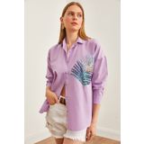 Olalook Kadın Lila Palmiye Pul Detaylı Oversize Dokuma Poplin Gömlek GML-19001016