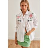 Olalook Kadın Lilyum Beyaz Nakış Detaylı Oversize Dokuma Gömlek GML-19001228