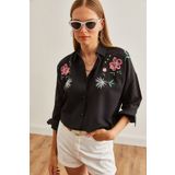Olalook Kadın Lilyum Siyah Nakış Detaylı Oversize Dokuma Gömlek GML-19001228
