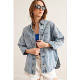 Olalook Kadın Mavi Boncuk ve Taş Detaylı Oversize Denim Ceket CKT-19000433