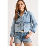 Olalook Kadın Mavi Cep Taş Detaylı Crop Denim Ceket CKT-19000528