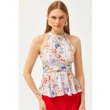 Olalook Kadın Mavi Çiçekli Halter Yaka Bel Detaylı Krep Bluz BLZ-19001505