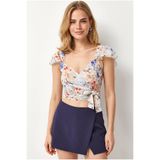 Olalook Kadın Mavi Çiçekli Yandan Fermuarlı Crop Krep Bluz BLZ-19003350