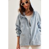 Olalook Kadın Mavi Fermuarlı Cepli Kapüşonlu Nakış Detaylı Denim Ceket CKT-19000380