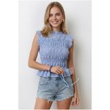 Olalook Kadın Mavi Gipeli Crop Pötikare Dokuma Bluz BLZ-19003364