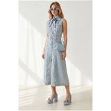Olalook Kadın Mavi Kar Kolsuz Cepli Kuşaklı Uzun Denim Elbise ELB-19002669