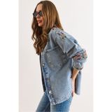 Olalook Kadın Mavi Nakış Detaylı Kalın Denim Ceket CKT-19000501