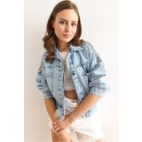 Olalook Kadın Mavi Omuzu Sırtı Metal Boncuk Garnili Pamuk Denim Ceket CKT-19000446