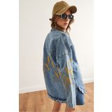 Olalook Kadın Mavi Sarı Buğday Nakışlı Oversize Denim Ceket CKT-19000432