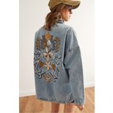 Olalook Kadın Mavi Sırtı Nakış Detaylı Oversize Denim Ceket CKT-19000435