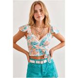 Olalook Kadın Mavi Turuncu Yandan Fermuarlı Crop Krep Bluz BLZ-19003350