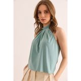 Olalook Kadın Mint Yeşili Yaka Düğmeli Halter Yaka Dökümlü Bluz BLZ-19002673