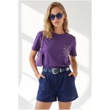 Olalook Kadın Mor Nakış Cepli Regular Fit Pamuk Tişört TSH-19000994