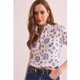 Olalook Kadın Motif Lacivert Flamlı Keten İçerikli Yarasa Gömlek GML-19001317