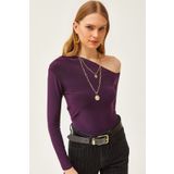 Olalook Kadın Mürdüm Asimetrik Yaka Likralı Sandy Bluz BLZ-19002484
