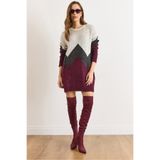 Olalook Kadın Mürdüm Geometrik Desenli Triko Tunik Elbise ELB-19002568
