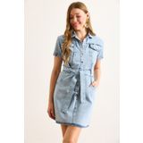 Olalook Kadın Orta Mavi Kuşaklı Cepli Kısa Kol Mini Denim Elbise ELB-19002478