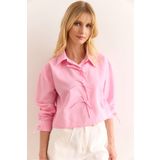 Olalook Kadın Pembe Bağcık Detaylı Crop Dokuma Gömlek GML-19001345