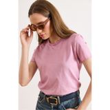 Olalook Kadın Pembe Bisiklet Yaka Esnek Yıkanmış Pamuk Tişört TSH-19000972
