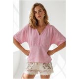 Olalook Kadın Pembe Boho Dantel Detaylı Flam Pamuk Bluz BLZ-19003370
