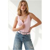 Olalook Kadın Pembe Çıtçıtlı Esnek Kolsuz Viskon Bluz BLZ-19003431