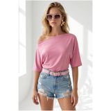 Olalook Kadın Pembe Degaje Yaka Dökümlü Viskon Bluz BLZ-19003308