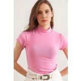 Olalook Kadın Pembe Dik Yaka Yumuşak Dokulu Esnek Tişört TSH-19000833