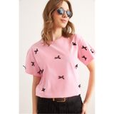 Olalook Kadın Pembe Fiyonk Detaylı Regular Fit Pamuk Tişört TSH-19000844