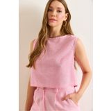 Olalook Kadın Pembe Flam Keten Crop Bluz BLZ-19002925